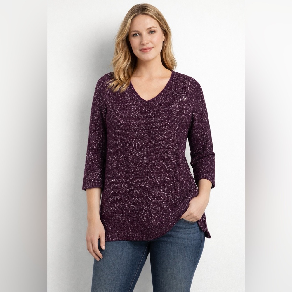 Chicos Purple Sequin Knit Sweater Womens Size S 3/4 Sleeve New